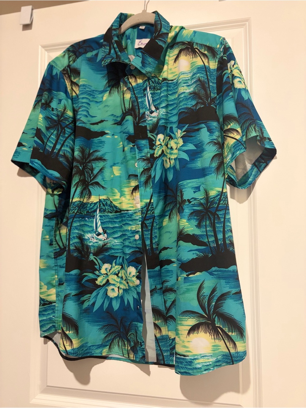 Men's Tropical Short-Sleeve Button-Down Shirt - Teal Green Hawaiian Print